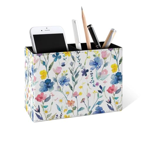 Famame Watercolor Colorful Floral Leaves Pencil Holder for Desk, Leather Desktop Container Pen Cup Storage Study Table Pen Organizer Makeup Brush Holder for Classroom Office Home - color: Watercolor Floral Leaves