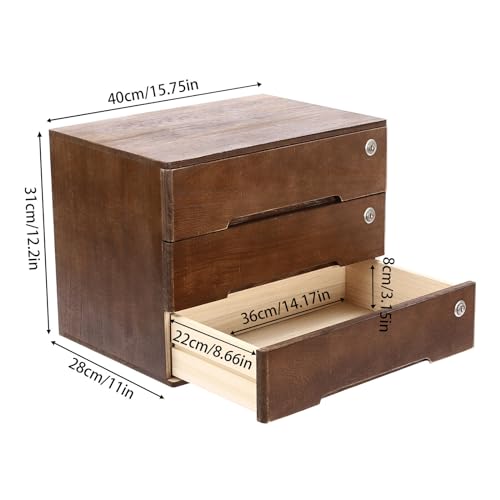Wooden Desk Organizer with Drawers & Lock, Desktop Countertop Storage Cabinet Lockable Home Office Supplies File Tabletop Organizing Unit (3 Drawer - Retro Walnut) - style: 3 Drawer - Retro Walnut