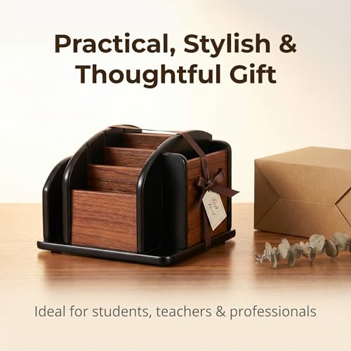 Wooden Desk Organizer with 6 Compartments, Remote Control Holder, Office Storage Caddy, Black and Brown Desk Organizer for Office Supplies