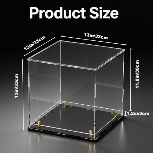 Acrylic Display Case for Collectibles, Dustproof Acrylic Box with Clear Display Elevation & Gold Risers, Large Display Case for Figures Toys Memorabilia, 13" L x 13" W x 13" H - size: 13"L x 13"W x 13"H
