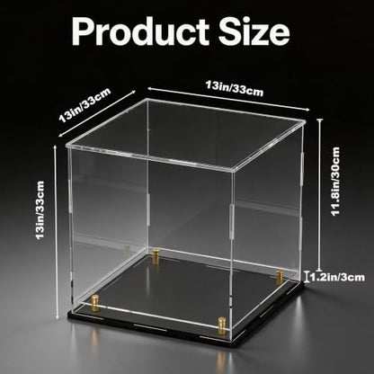 Acrylic Display Case for Collectibles, Dustproof Acrylic Box with Clear Display Elevation & Gold Risers, Large Display Case for Figures Toys Memorabilia, 13" L x 13" W x 13" H - size: 13"L x 13"W x 13"H