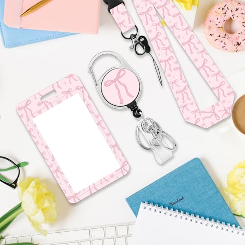 Bow Badge Holder with Lanyard, Beautiful Bow ID Badge Holder with Retractable Reel Clip and Keychain, Vertical Identity Card Cover Case Protector for Nurse Teacher - color: Bow-pink