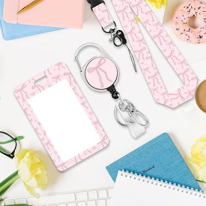 Bow Badge Holder with Lanyard, Beautiful Bow ID Badge Holder with Retractable Reel Clip and Keychain, Vertical Identity Card Cover Case Protector for Nurse Teacher - color: Bow-pink