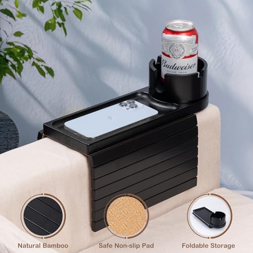 Couch Cup Holder Tray for Armrests Over 4.9" Wide, Bamboo Couch Arm Tray with 360° Rotating Phone Stand, 3 in 1 Foldable Sofa Arm Tray Table for Remote, Snacks, Phone, Drinks Black - color: Black+bamboo