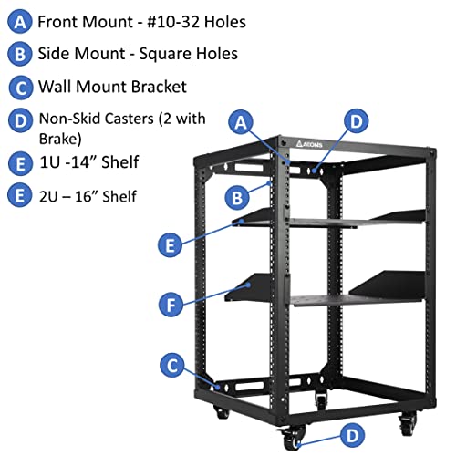 AEONS 15U Open Frame Network Server Rack 19-inch 4 Post AV Rack with Casters for Floor Standing and Wall Mount, Side Load for Extra Depth– Complete Kit with 1U and 2U Vented Shelves, Black - style: 15U-Kit