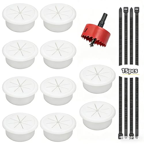 10Pcs Desk Grommet 2 inch/50m,Cable Grommet with Hole Saw & 15 Zip Ties,Desk Hole Grommet Desk Cord Hole Cover Desk Cable Grommet for Office Home Desk Table - color: White