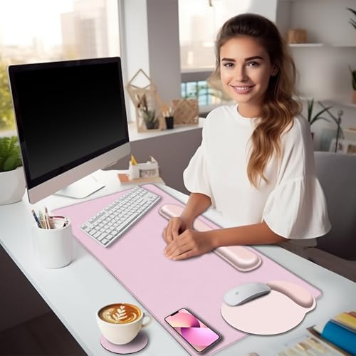 LIMKRIAN Pink Mouse Pad Set, Complete XXL Desk Mat with Ergonomic Keyboard Support & Coaster, Featuring Mouse Pad with Gel Wrist Rest for Pain Relief, Soft Pink Home Office Gaming Accessories Gift - color: XXL-03 Blush Pink