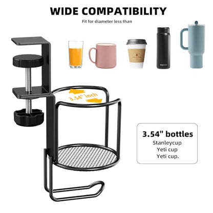CABTE 2 Pack 2 in 1 Desk Mug Hooks with Headphone Hanger Holder, Anti-Spill Clip-On Table Mug Hooks with 360° Rotation for Lawn Chair, Office Home Gaming Table - color: 2 PACK