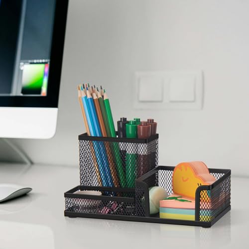 Comix Mesh Pen Pencil Holder Desk Organizer, 3 Compartment Wire Desktop Pen Pencil Cup Caddy Office Supplies Accessories for Home Office School, Black(2 Pack) - color: 3 Compartments-2pack