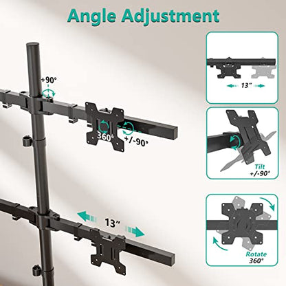 WALI Freestanding Quad Monitor Mount for 17-27 Inch Screens, Fully Adjustable 4 Monitor Stand with Swivel, Tilt, Rotation, Glass Base, Max Load 22 lbs per Arm (GMF004), Black - size: Quad, style: Glass Free Stand