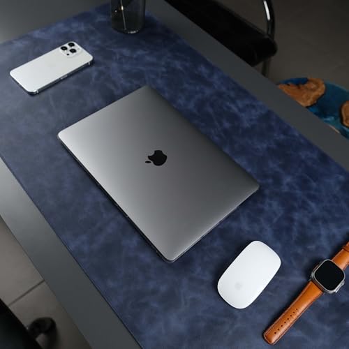 Jersey Genuine Calfskin Leather Desk Pad, Office Desk Mat with Non-Slip Bottom, Smooth Surface for Mouse & Keyboard, Desk Protector (36x19 inches) (Navy) - color: Navy