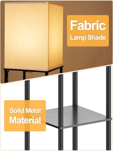 Floor Lamp with Shelves for Living Room 2 Pack, Shelf Floor Lamp with 3 CCT LED Bulb, Corner Display Standing Column Lamp Etagere Organizer Tower Nightstand with White Linen Shade for Bedroom, Office - color: Black
