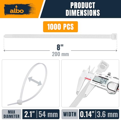 ALBO Zip Ties White 8 Inch 1000 Pack 40 lb, Long Plastic Cable Ties Thick 0.14 Inch Tie Wraps Heavy Duty UV Resistant Nylon Wire Ties for Indoor and Outdoor - size: 8" White 1000 Pack 40lb
