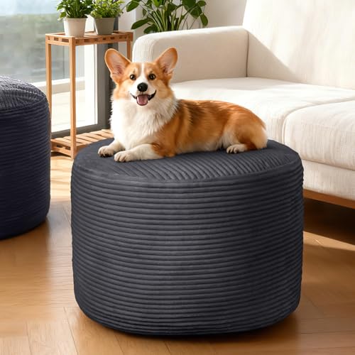 Round Corduroy Ottoman Foot Rest Pouf for Living Room Couch - Soft Plush Shredded Foam Filled Hassock Stool, Comfy Footstool - color: Dark Gray, size: 26"D x 26"W x 18"H