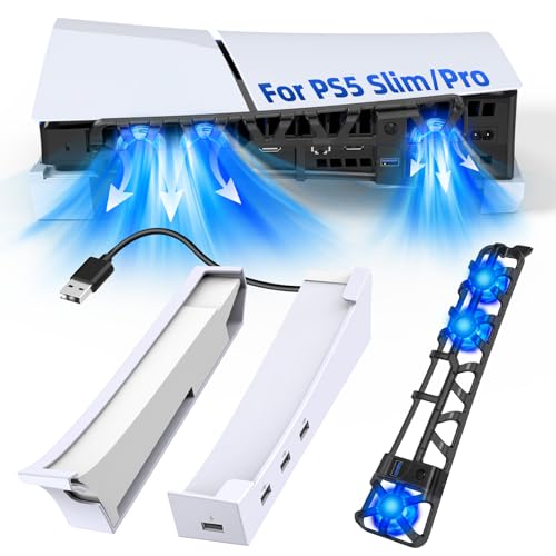 FASTSNAIL Horizontal Stand & Cooling Fan for PS5 Pro/Slim Console, Auto Fan Speed by Temperature and Controller Charger Station, Efficient Cooling System with 3 Fans, 2 USB 3.0, 3 USB 2.0 Port Hub - color: Black/White