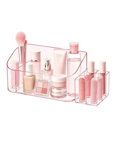 Makeup Tray Holder Organizer Cosmetic Display Case Tabletop Desktop Vanity Countertop Bathroom Wall Cabinet Medicine Storage Box 9 Dividers 2 Removable Women Ladies Girls Gifts Crystal Pink 1 PACK - color: Crystal Pink
