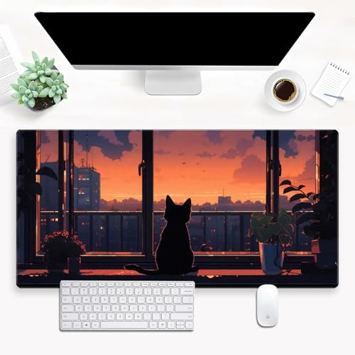 Anime Cat Sunset Desk Mat, Cozy Window View Large Mouse Pad 31.5x15.7 in | Cozy anime cat sunset desk pad with 3mm plush cushion, smooth fabric top, and non-slip rubber core. - color: Lofi Cat