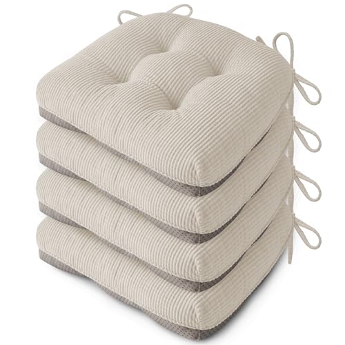Indoor Kitchen Chair Cushions Set of 4 18"X16.5"X3" Soft Anti Slip Dining Chair Pads Tufted Kitchen Seat Cushion with Ties, Beige - color: Beige