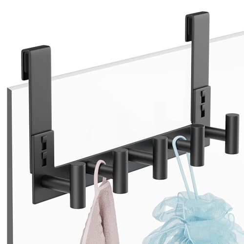 PMMASTO Shower Door Hooks, (7.5 Inch) Extended Towel Hook for Bathroom Frameless Glass Shower Doors, Stainless Steel Heavy Duty Holder for Hanging Robe,Towel (Black 5 T-Hooks-Fits 3/8" Thick Door) - color: Black, size: 7.5 Inch-5 T-Hooks, Fits 3/8" Thick