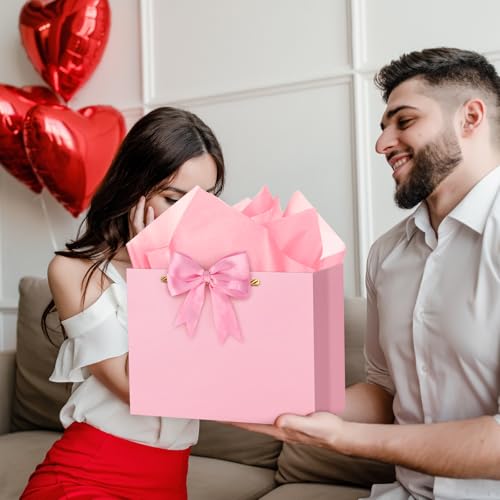 Hooqict Pink Gift Bag Large Birthday Gift Bags with Handles, 1 Ribbon, 4 Tissue Paper, 2 Greeting Cards for Women Girls Anniversary Wedding Baby Shower Valentines Galentines Mothers Day Presents - color: Pink