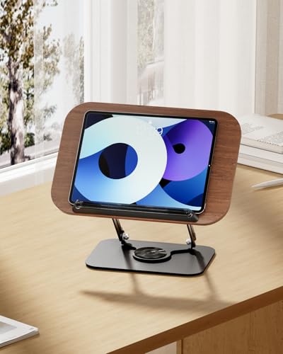 Viozon Book Stand for Reading,Book Holder, Height&Angle Adjustable, 360° Rotating Base, Foldable and Portable, Lightweight for Office, Kitchen, School Textbook, Recipe, Magazine,Kindle,Tablet DW - color: Dark Wood