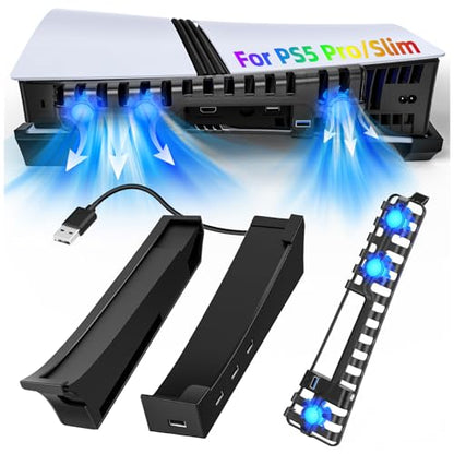 FASTSNAIL Horizontal Stand & Cooling Fan for PS5 Pro/Slim Console, Auto Fan Speed by Temperature and Controller Charger Station, Efficient Cooling System with 3 Fans & 2 USB 3.0 and 3 USB 2.0 Hub - color: Black