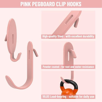 HUHOLE 20PC Pink Pegboard Clip Hooks for Thin Metal 1/4 Inch Pegboard | Picture Hangers with 10 lb Capacity, 10 Round and 10 Angled Peg Hooks for Jewelry, Crafts and Small Accessories - color: Pink