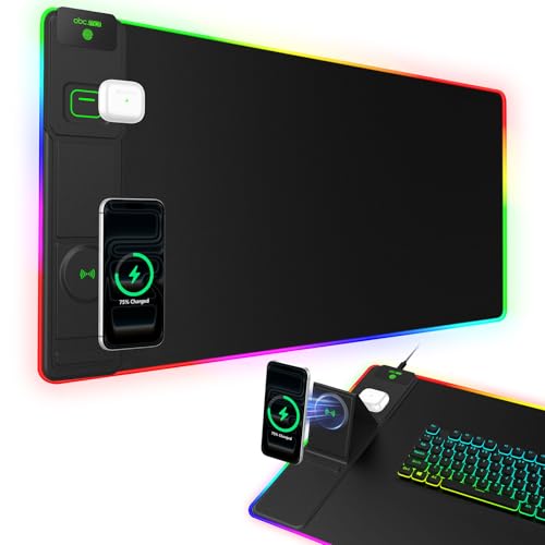 XXL RGB LED Gaming Mouse Pad with Magnetic Wireless Charger & Foldable Phone Holder, 31.5"x15.8" Extended Ultra-Smooth Desk Mat, 25 Lighting Effects, Non-Slip Base - color: RGB-31.5"x15.8"-Magnetic Stand-Left