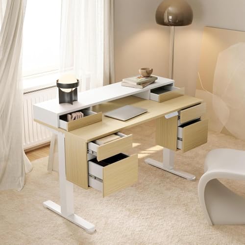 HUANUO Electric Standing Desk with 6 Drawers, 55 Inch Height Adjustable Stand Up Desk with Storage, Computer Workstation Compatible with Monitor Stand for Home Office, Light Walnut - color: Light Walnut, size: Dual Side Storage