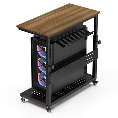 GarveeHome 28" Computer Tower Stand, 2-Tier 11 Level Height Ajustable PC Stand with Line Storage Rack,Mobile Rolling CPU Holder,Perfect for Office,Laptop Desk.(22.83"-34.1") Rustic Brown.
