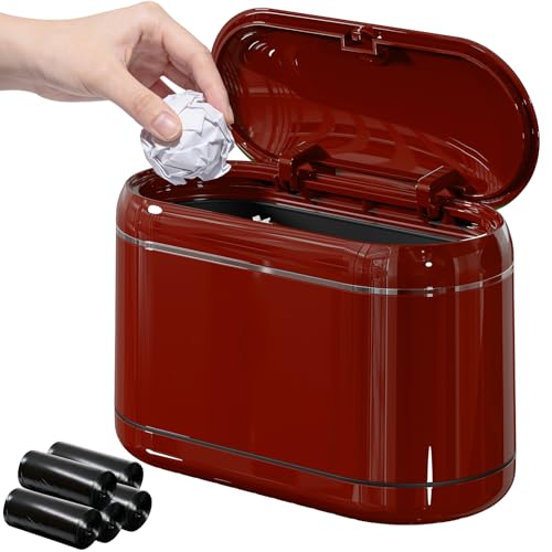 PAVSTINE Mini Trash Can for Desk with 5 Rolls Trash Bags, Red Full-Lid | Space-Saving Small Press-Top Countertop Garbage Bin, Easy Move, Removable Vintage Stylish Waste Basket for Bedroom/Kitchen - color: Red Full-Lid