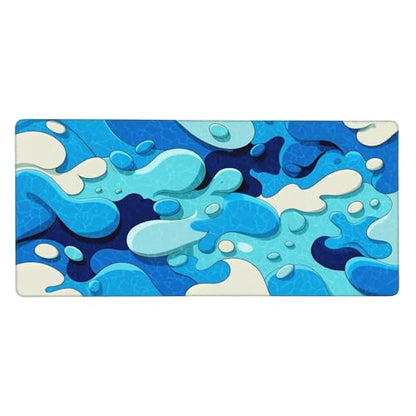 Extended Gaming Mouse Pad, Blue Wave Pattern Design, 35.4 x 15.7 Inches, Anti-Slip Rubber Base, Stitched Edges, Rectangular Desk Mat for Gaming and Office - color: Blue Waves