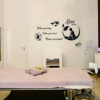 “Relax Your Mind, Body & Spirit” Wall Sticker 46"x23" – Removable PVC Decal for Spa, Sauna, Therapy Room or Beauty Salon – Uplifting Decor for Wellness Spaces (Black-JWH323-SPA)