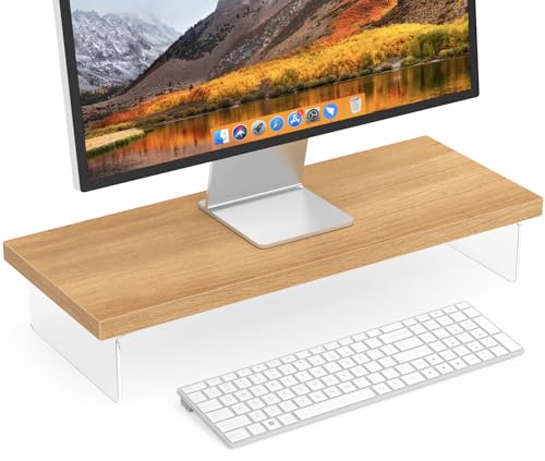 Monitor Stand Riser, Wood & Acrylic Computer Monitor Stand Desk Desktop Organizer Table For Home, Office Workspace, Laptop Riser, Printer, PC & TV Screen Riser - color: Elmwood, size: 25*10 Inch