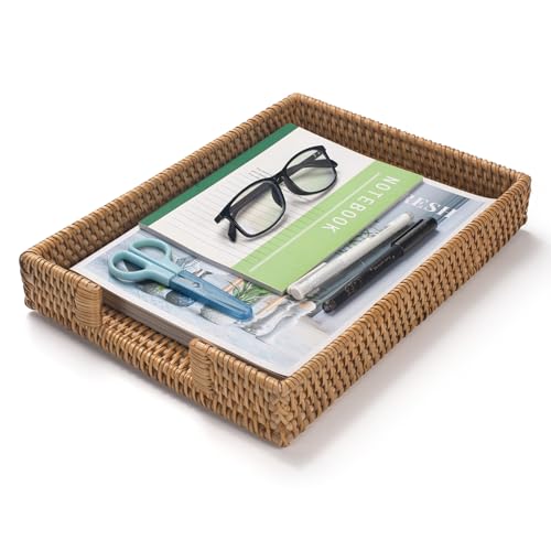 Rattan Letter Tray, Wicker Desk Tray, Woven Desk Organizer, A4 Paper, Document, File, Mail, Magazine Storage Basket for Office, Classroom, Home Desktop