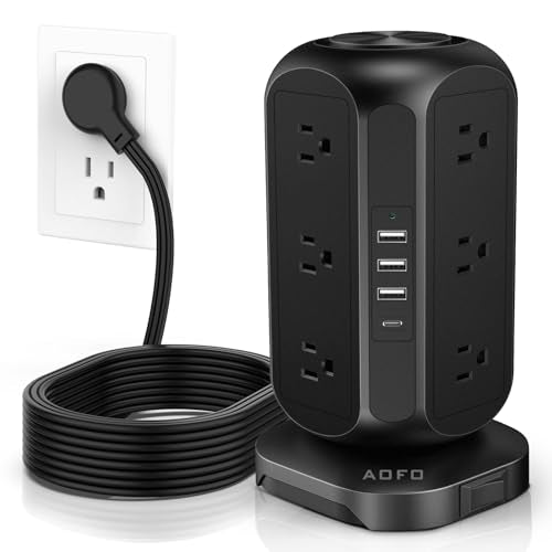 Power Strip Tower AOFO 12 AC Outlets with 4 USB(1 USB C) Ports Charging Station with Overload Protection, Widely Spaced Multiple Outlets with 10Ft Extension Cord for Home,Dorm & Office - color: Black, size: 10FT