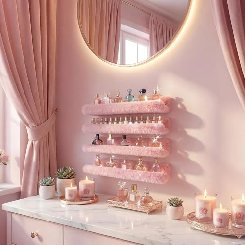 Care&More YJ 15 Inch Nail Polish Shelves, 4-Pack Fuzzy Display Nail Polish Rack for Storing Nail Bottles, Sunglasses, Essential Oils, Plush Soft Pink - color: Pink
