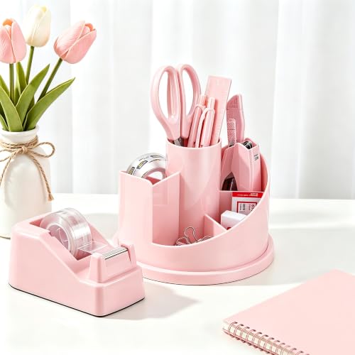 deli Office Supplies Set, Pink Desk Accessory Organizer Kit, Stapler Set, Rotating Multi-Functional Pen Holder, Tape Dispenser, Pens, Binder Clips, Sharpener, Scissor, Eraser, Pink Office Supplies - color: Pink