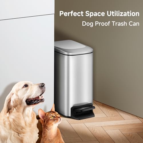 TIPGO Slim Bathroom Trash Can with Lid Soft Close, Step Pedal, 6 Liter / 1.6 Gallon Stainless Steel Garbage Can with Removable Inner Bucket, Anti-Fingerprint Finish (Silver) - color: Silver