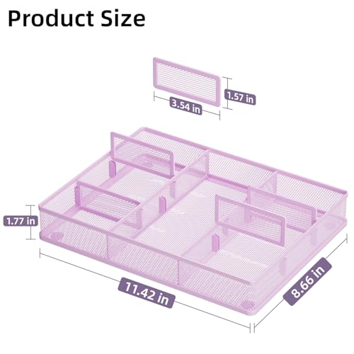 Marbrasse Desk Drawer Organizer, Metal Mesh Drawer Organizer Tray with 5 Adjustable Compartments,Desk Organizers and Accessories for Home,Office,Kitchen,Makeup,Vanity (Purple) - color: Purple