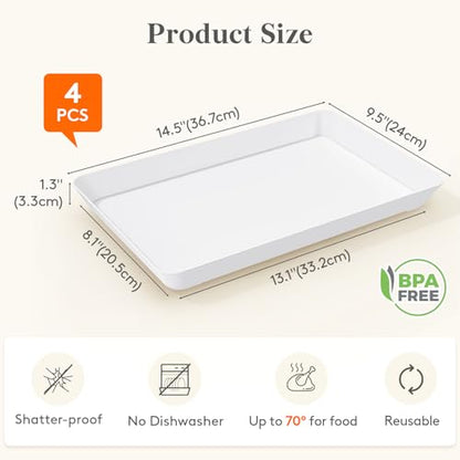 Lifewit 4 Pcs Large Serving Tray for Party, 15" x 10" Reusable Plastic Food Serving Platter for Dessert, Fruit, Cookies, Appetizers & Charcuterie, BPA-Free White Catering Trays for Buffets Display - size: Large (15" x 10")