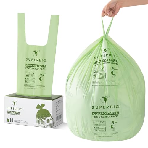 SUPERBIO 13 Gallon Compostable Kitchen Waste Bags with Handles, Food Scrap Bags Certified by BPI, OK compost INDUSTRIAL, 30 Count, 49.2L - color: 13 Gallon with Handles, 30 Count