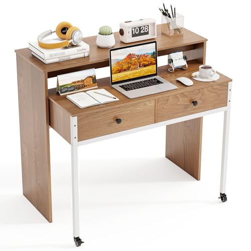Tangkula Extendable Computer Desk with 2 Storage Drawers, Convertible Home Office Desk with Monitor Shelf, Metal Frame & Lockable Wheels, Rolling Study Writing Desk (Natural) - color: Natural