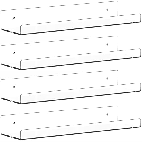 4 Pack Clear Acrylic Shelves for Wall with Adhesive,15 Inch No Drill Floating Shelves for Bathroom,Bedroom,Renter Friendly,Kids Room Bookshelf,Wall Display Shelf for Lego,Funko Pop,Figurine,Perfume - size: 15 Inch - 4 Pack
