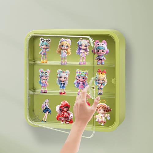 Display Case for Figures, Wall-Mounted Clear Dustproof Display Box with Magnetic Door and Shelf, Adjustable Doll Display Case for Collectibles Figurines Sonny Angels Pop Mart Mini Figures (Green) - color: Green
