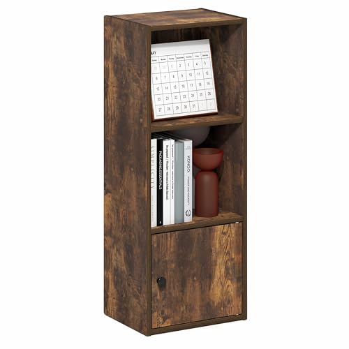 Furinno LUDER Book Shelf, 3-Tier Bookshelf with Open Shelf, Standing Bookcase with 1 Door Cabinet, 9.3 x 12 x 31.5, for Organization and Storage, for Living Room, Bedroom, Home Office, Amber Pine - color: Amber Pine, size: 3-Cube with Cabinet