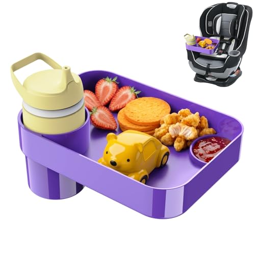 Car Seat Snack Tray for Toddlers - 3 Inch Cup Holder Fits Most Sippy Cups & Straw Bottles with Dip Well, Mess-Free Square Kids Travel Tray Road Trip Essentials, Purple - color: Purple