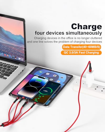 SIQIWO Multi USB C Cable Fast Charging, [4FT/2 Pack] QC 3.0(3A) USB C Splitter Cable, 4 in 1 Charger Cord with 4 Type C Ports, for iPhone 17/16/15 Series, iPad Air/Pro, Samsung Galaxy S26, Pixel, PS5 - color: Red