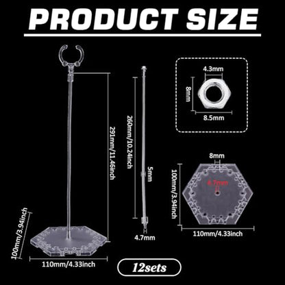 FINGERINSPIRE 12pcs Plastic Action Figure Stands with Hexagon Base Clear Flexible Action Figure Display Holder with Adjustable Snake Bone Metal Support Arm Compatible with HG/RG 1/144 Figures