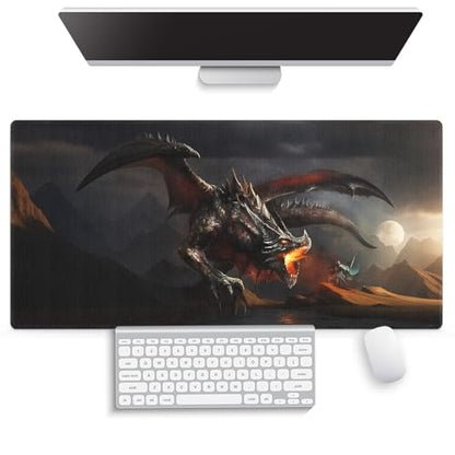 Large Gaming Mouse Pad (31.5" x 15.8") - Fantasy Scene Knight Fighting Dragon, Extra XXL Extended Office Accessories, Premium Stitched Anti-Slip Desk Mat - color: Dragon